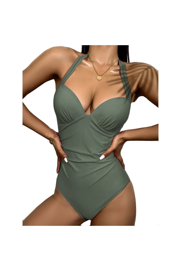 Womens One Piece Swimsuits Women's Summer Solid Color Swimwear High Waist Sleeveless Bathing Suit Sets