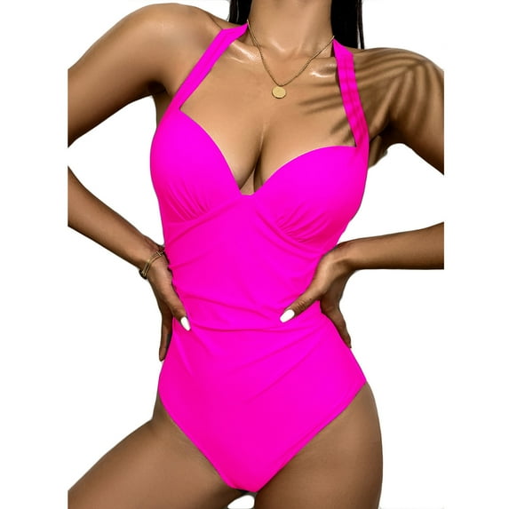 Babysbule Womens One Piece Swimsuits Women's Summer Solid Color Swimwear High Waist Sleeveless Bathing Suit Sets