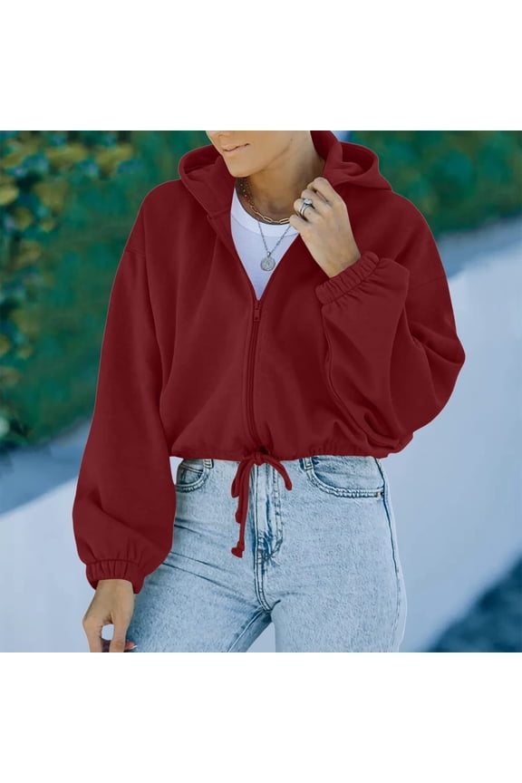 Womens Outerwear Coats Fashion Women Crop Top Sweatshirt Fleece Zipper Long Sleeve Cropped Hoodie Solid Sweater Blouse Coat