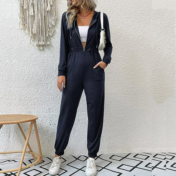 Babysbule Womens Overall Jumpsuit Pants Women's Casual Fashion V-neck Long Sleeve Hooded Zipper Long Jumpsuit