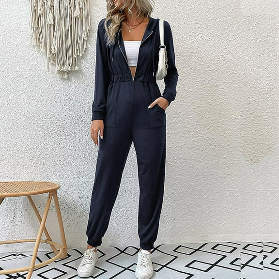Babysbule Womens Overall Jumpsuit Pants Women's Casual Fashion V-neck Long Sleeve Hooded Zipper Long Jumpsuit