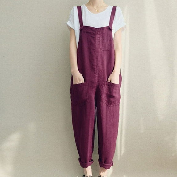 Babysbule Womens Overall Pants Ladies Strap Jumpsuit Summer New Style Solid Color Pocket Casual Trousers