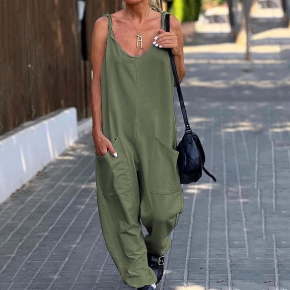 Babysbule Womens Overall Pants Women's Summer Fashion Solid Color Jumpsuit With Pockets And Straps Casual Pants