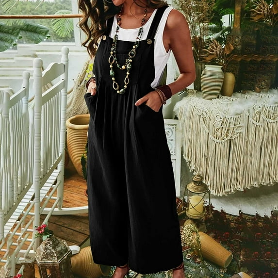 Babysbule Womens Overall Wide Leg Pants Women's Linen Cotton Solid Color Sleeveless Pocket Casual Side Button Jumpsuit