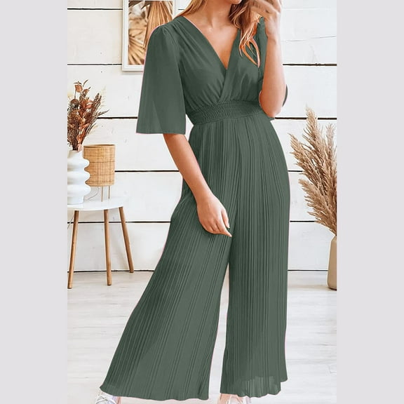 Babysbule Womens Overall Wide Leg Pants Women's Summer Casual Solid Pleated Wide Leg Pants With V-neck And Waist Up Jumpsuit