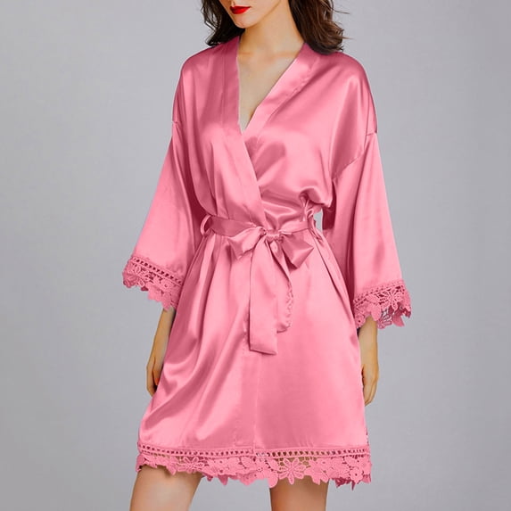 Babysbule Womens Pajamas Clearance Women's Casual Homewear Long-Sleeve V-Neck Dress Color Lace Night-Robe One Size