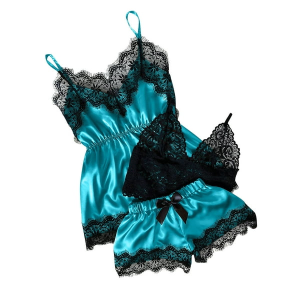 Babysbule Womens Pajamas Sets Women V-Neck Eyelash Lace Stain Camisole Pajamas Bowknot Shorts Set Sleepwear Soft