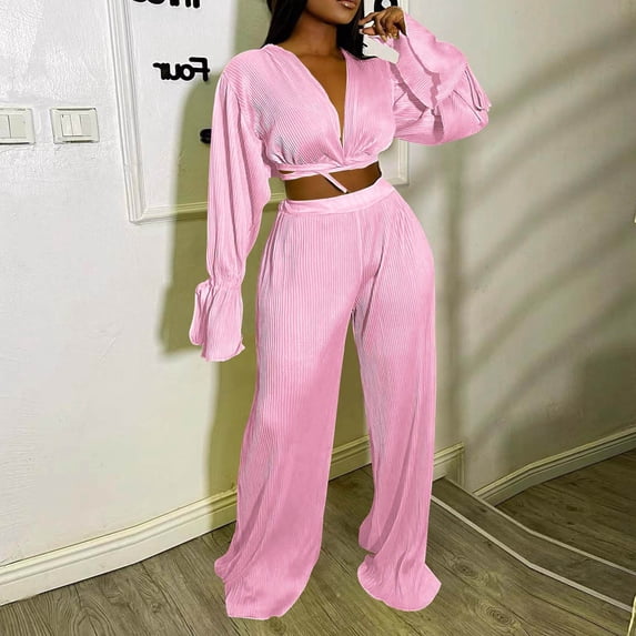 Babysbule Womens Pajamas Sports Sets Fashion Women Casual V-Neck Bandage Long Sleeve Wrinkled Long Pant Set Tops