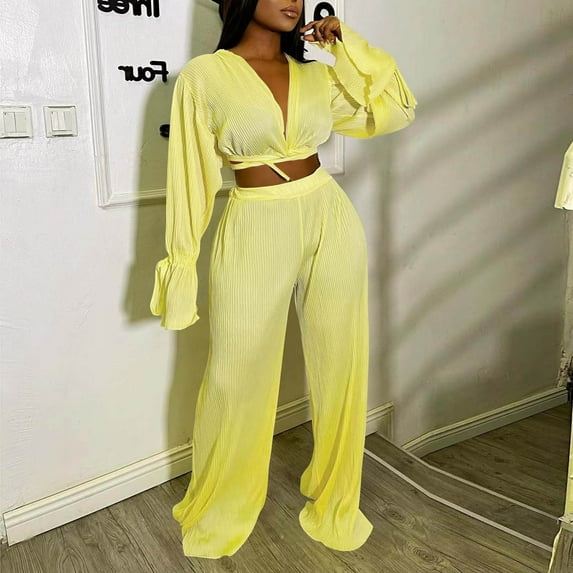 Babysbule Womens Pajamas Sports Sets Fashion Women Casual V-Neck Bandage Long Sleeve Wrinkled Long Pant Set Tops