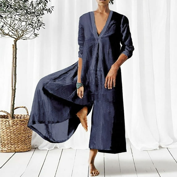 Babysbule Womens Pants Women Casual V-neck Cotton Linen Romper Long Playsuit Zipper Jumpsuit