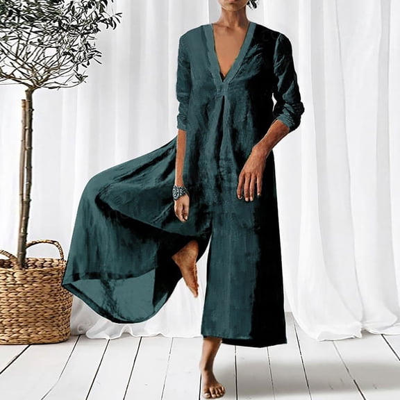 Babysbule Womens Pants Women Casual V-neck Cotton Linen Romper Long Playsuit Zipper Jumpsuit