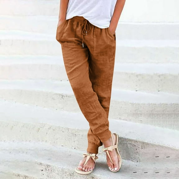 Babysbule Womens Pants Women's Casual Drawstring Elastic Waist Cotton Linen Long Pants