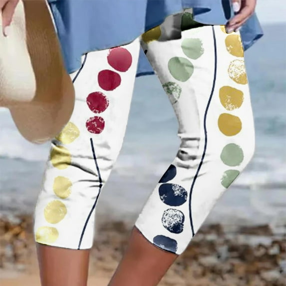 Babysbule Womens Pants Women's Summer Casual Elastic Waist Printed Cropped Pants