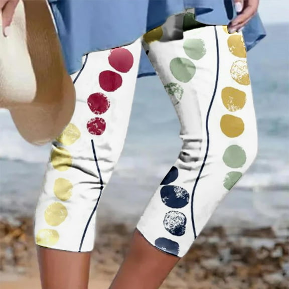 Babysbule Womens Pants Women's Summer Casual Elastic Waist Printed Cropped Pants