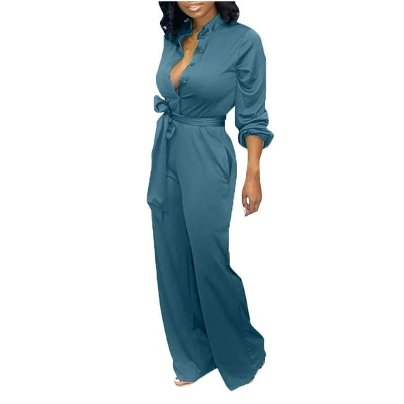 Babysbule Womens Party Jumpsuit Pants Women's Fashion Wide Leg Pants Solid Long Sleeve Jumpsuit With Belt