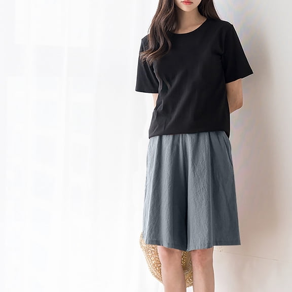 Babysbule Womens Plus Size Cotton Linen Shorts Summer Fashionable Solid Loose Casual Oversized Elastic Waist Shorts M-6XL