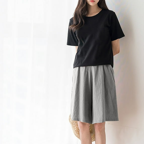 Babysbule Womens Plus Size Cotton Linen Shorts Summer Fashionable Solid Loose Casual Oversized Elastic Waist Shorts M-6XL