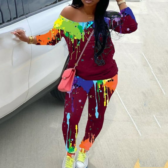 Babysbule Womens Plus Size Pants Sets Fashion Womens Casual Loose Graffiti Print Off-shoulder Top And Pants