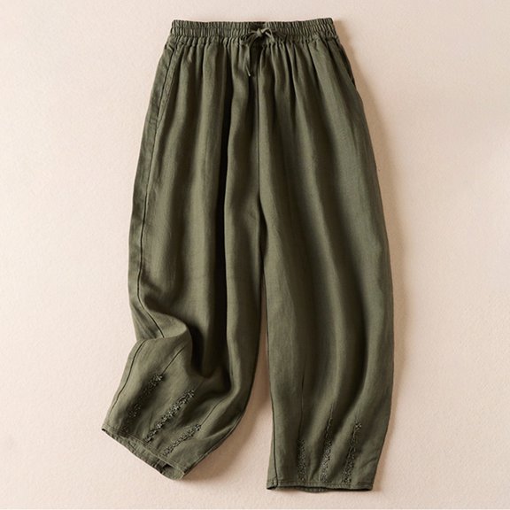 Babysbule Womens Plus Size Pants Women's Solid Color Casual Elasticated Frenulum Literary And Artistic Revival Cotton And Linen Pants