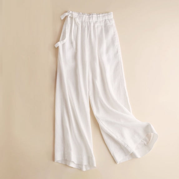 Babysbule Womens Plus Size Pants Women's Spring Summer Solid Color Leisure Retro Drawstring Side Frenulum High Waist Broad Leg Pants