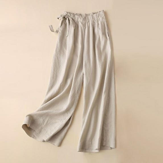 Babysbule Womens Plus Size Pants Women's Spring Summer Solid Color Leisure Retro Drawstring Side Frenulum High Waist Broad Leg Pants