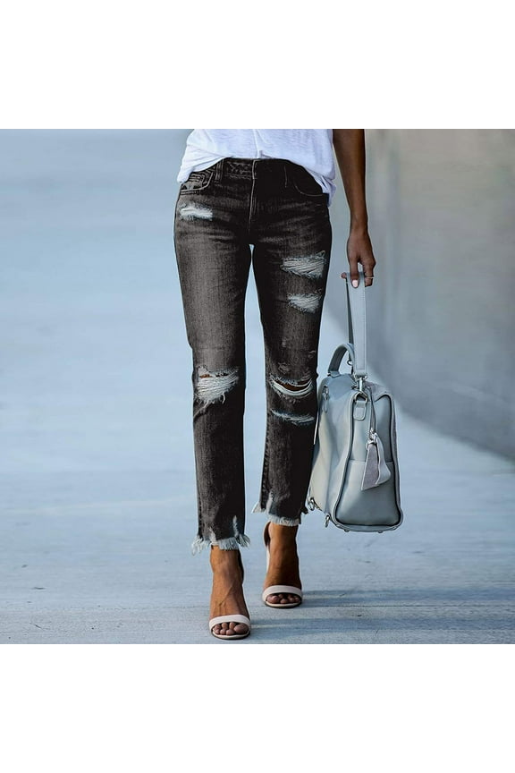 Womens Ripped Jeans Pants Ladies Fashion Solid Pokets Slim-Fit Skinny Casual Pants