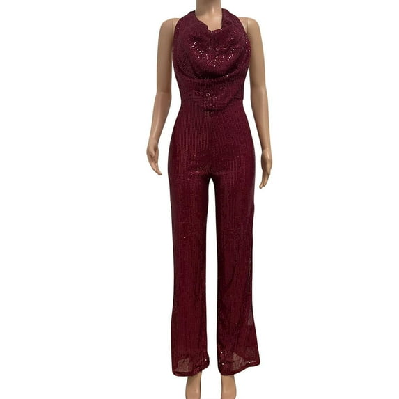 Babysbule Womens Sequin Party Jumpsuit Solid Color Short-sleeved Casual Jumpsuit Overall Pants