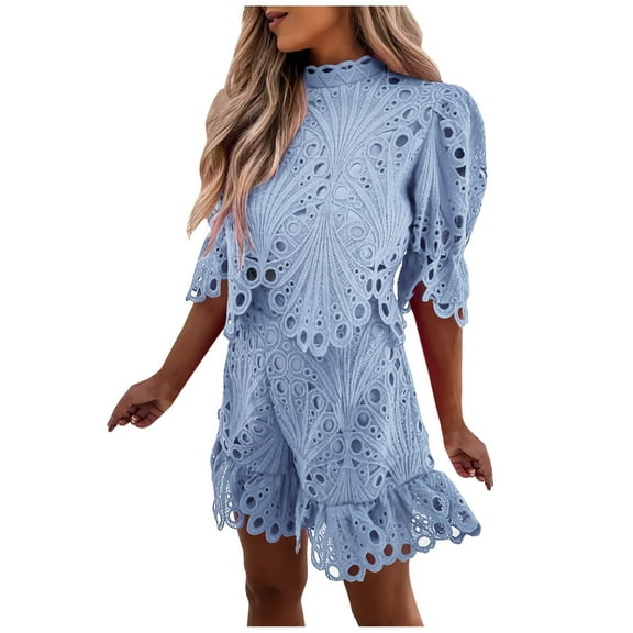 Babysbule Womens Sets Fashion Women Summer Lace Round-Neck 1/2 Sleeve Solid Top+Pant Set