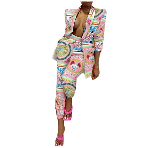 Babysbule Womens Sets Women Two Piece Set Soft Print Long Sleeve Double Breasted V-Neck Fall Coats Tops Long Hight Waist Trousers Pants Casual Suit
