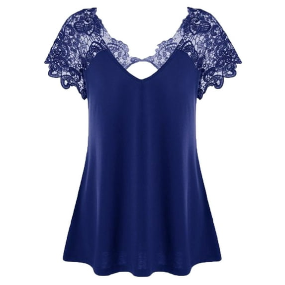 Babysbule Womens Shirts Womens Fashion V-Neck Plus Size Lace Short Sleeve Trim Cutwork T-Shirt Tops