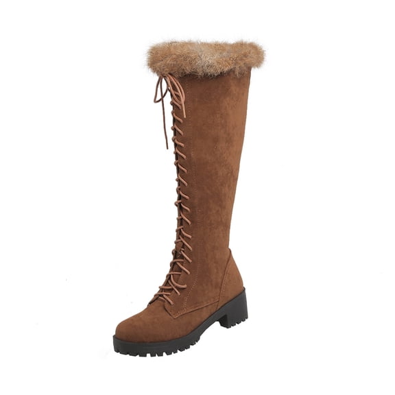 Babysbule Womens Shoes Autumn And Winter Rabbit Women's Boots Cross Lace Mid-heel Side Zipper High Boots Cotton Boots