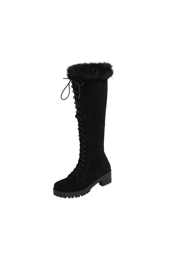 Womens Shoes Autumn And Winter Rabbit Women's Boots Cross Lace Mid-heel Side Zipper High Boots Cotton Boots