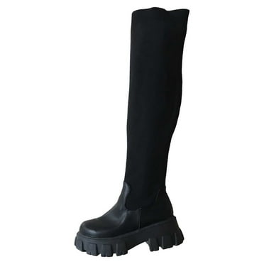 Babysbule Womens Shoes Fashion Large Size Boots Women Autumn Long Tube Low Heeled Platform Shoes Boots Knitting Over The Knee Boots