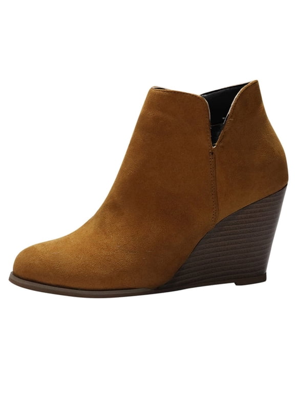 Womens Shoes Fashion Women Suede Wedges Zipper Solid Color Short Booties Round Toe Shoes