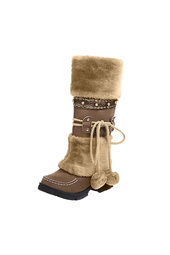 Womens Shoes Women Boots Slip-on Snow Boots Velvet Cotton Boots Warm Solid Cotton Shoes Plush Ball Ethnic Knight Boots