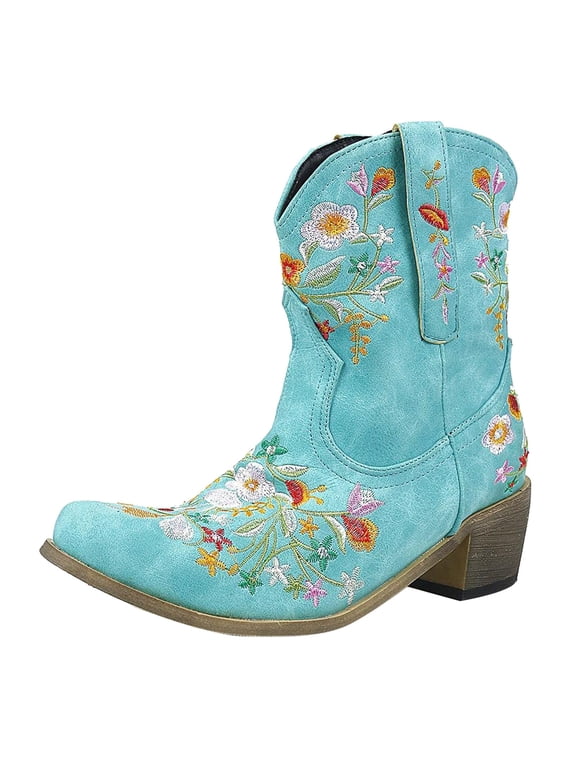 Womens Shoes Women Fashion Embroidered Cowboy Riding Boots Casual Warm Middle Heels Middle Tube Short Boots Shoes