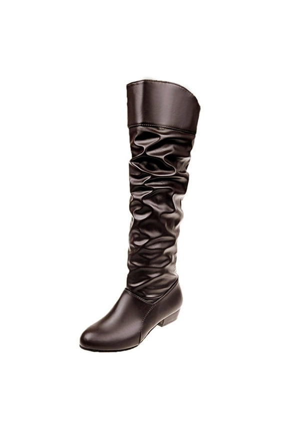 Womens Shoes Women Slip-On Square Heel Solid Color High Boots Knee-High Shoes Round Toe Boots