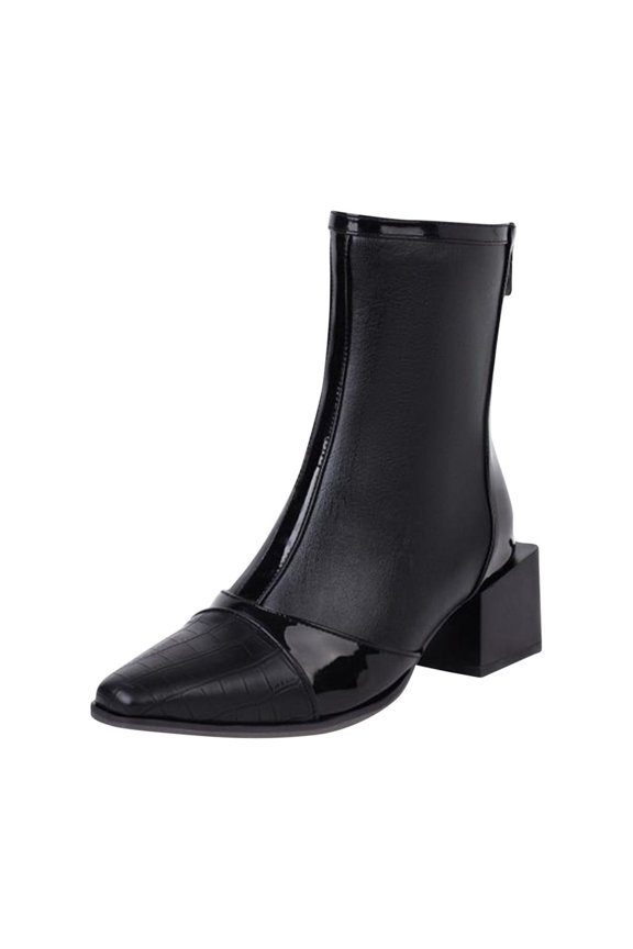 Womens Shoes Women's Midrange Winter Leather Stitching Square With Fleece Patchwork Back Zipper 's Boot