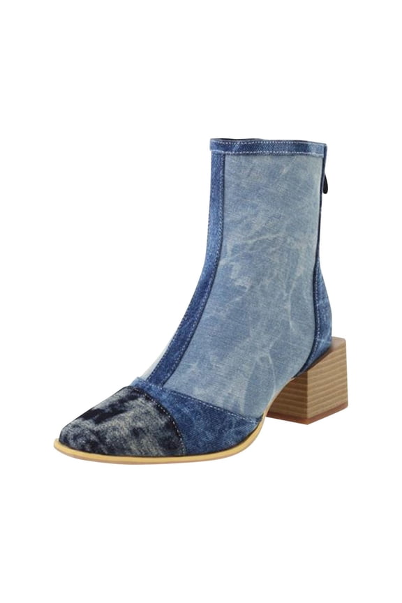 Womens Shoes Women's Midrange Winter Leather Stitching Square With Fleece Patchwork Back Zipper 's Boot