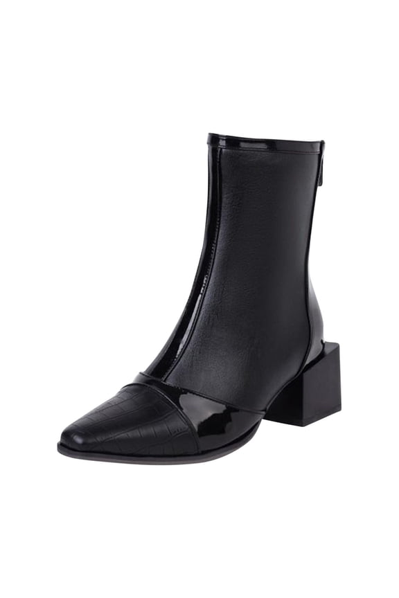 Womens Shoes Women's Midrange Winter Leather Stitching Square With Fleece Patchwork Back Zipper 's Boot