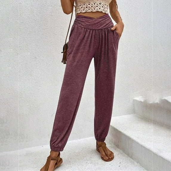 Babysbule Womens Slim Leg Pants Women's Casual High Waist Cross Panel Comfortable 9-point Casual Strap Halen Pocket Pants