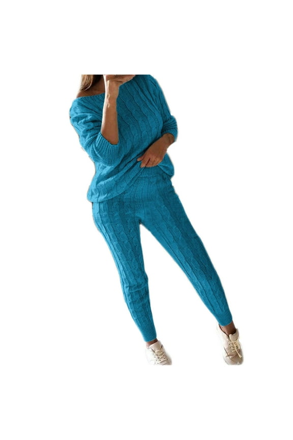 Womens Solid Color Jumpsuit Off Shoulder Long Sleeve Cable Knitted Warm Two-Piece Long Pants Sweater Suit Sets