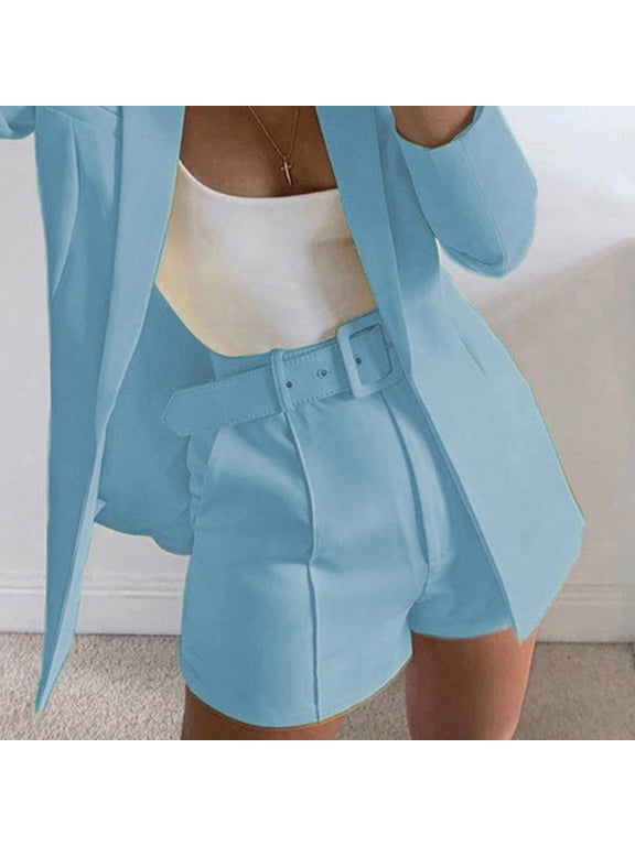 Womens Solid Suit Shorts Dressy Summer High Waist With Belt Buttoned Elastic Waist Work Pants With Pockets