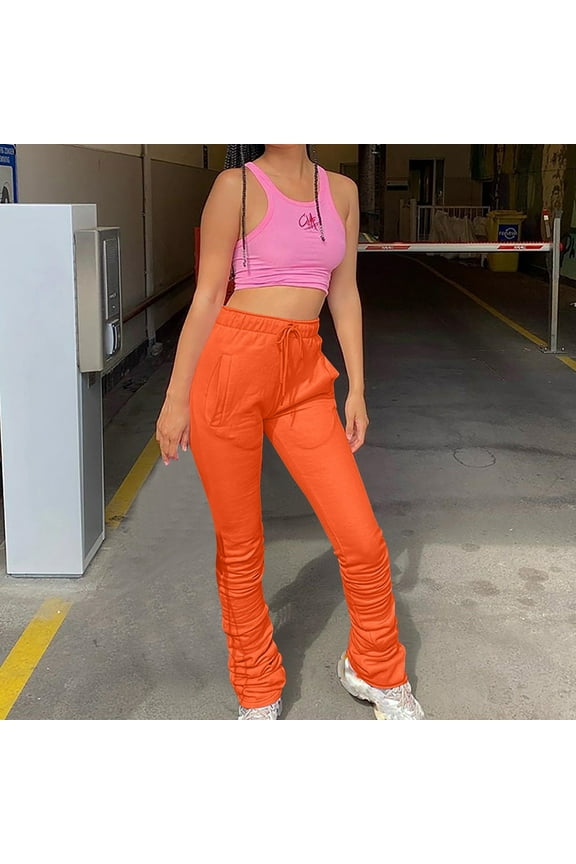 Womens Sport Pants Women's Winter Solid Color Temperament High Waist Pleated Drawstring Casual Stacked Thickened Guard Pants
