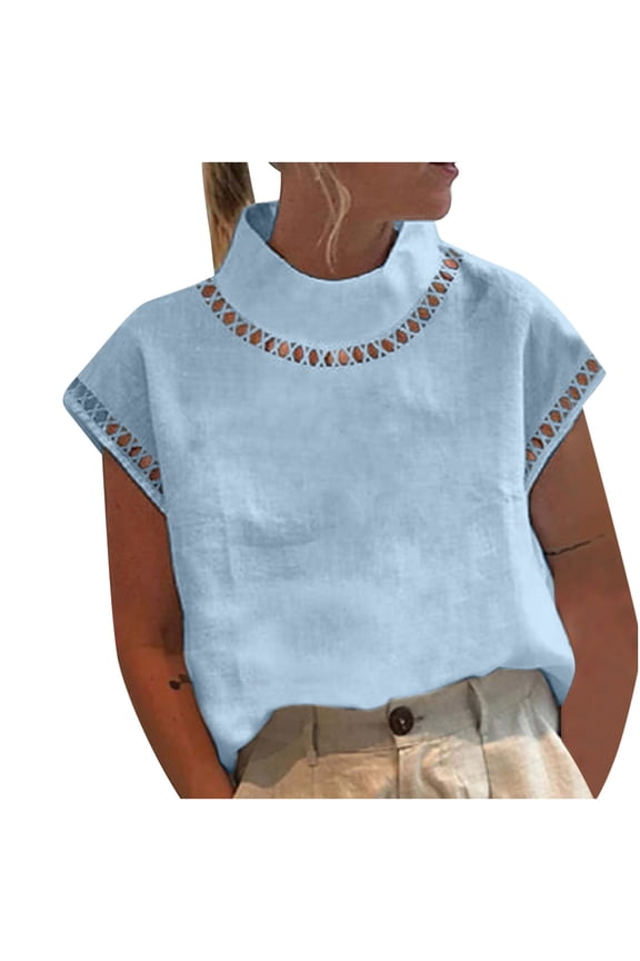 Womens Spring Summer Blouse Solid Color Casual High Neck Top Cotton Hollow Out Design Loose Blouses