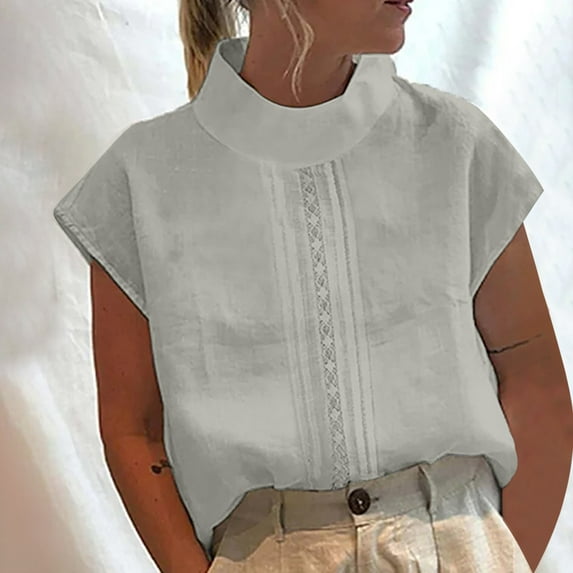Babysbule Womens Spring Summer Tops Solid Color Casual High Neck Top Cotton And Linen Lace Short Blouses