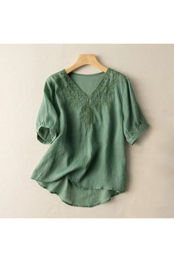 Womens Spring Summer Tops Solid Color Casual Loose T-Shirt Short Sleeve V-Neck Embroidery Cotton And Linen Blouse