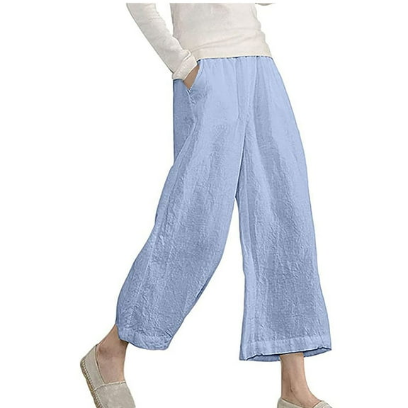 Babysbule Womens Straight Wide Leg Pants Fashion Summer Casual Pocket Elastic Waist Long Pants