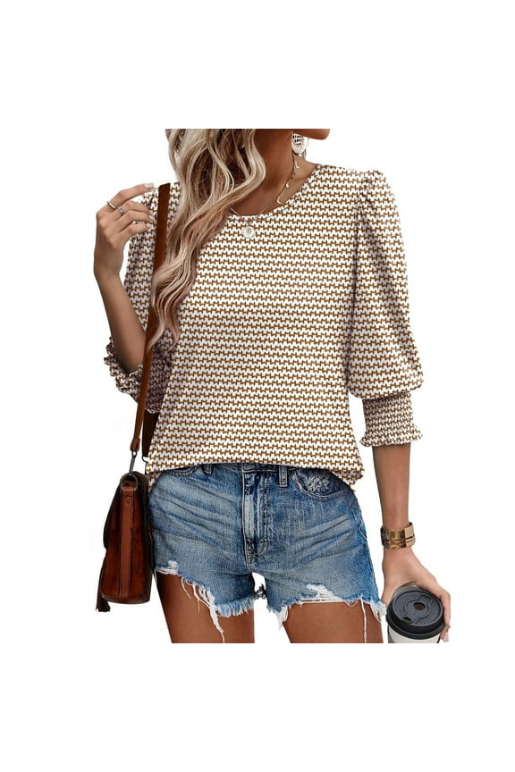 Womens Summer Tops 3/4 Sleeve Tops Puff Sleeve Elbow Length Printed Tops for Women Boat Neck
