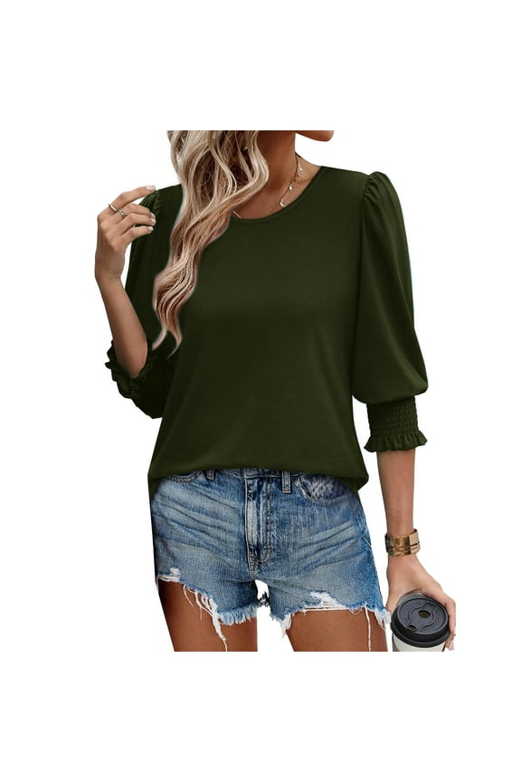 Womens Summer Tops 3/4 Sleeve Tops Puff Sleeve Elbow Length Printed Tops for Women Boat Neck